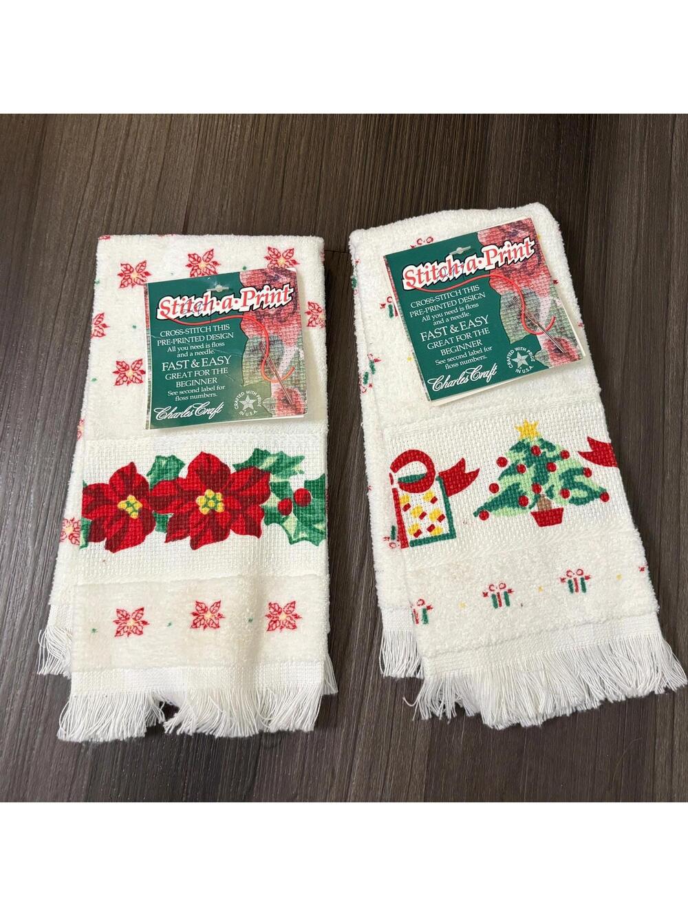 NWT Kitchen Towels Stitch-a-Print Cross Stitch Christmas Tree & Poinsettia x2